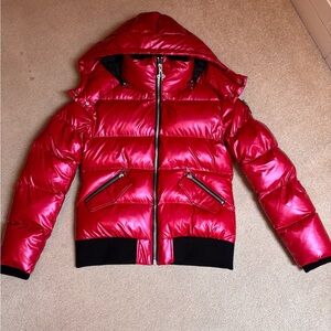 Shiny Red Woodpecker puffer jacket with hood size large